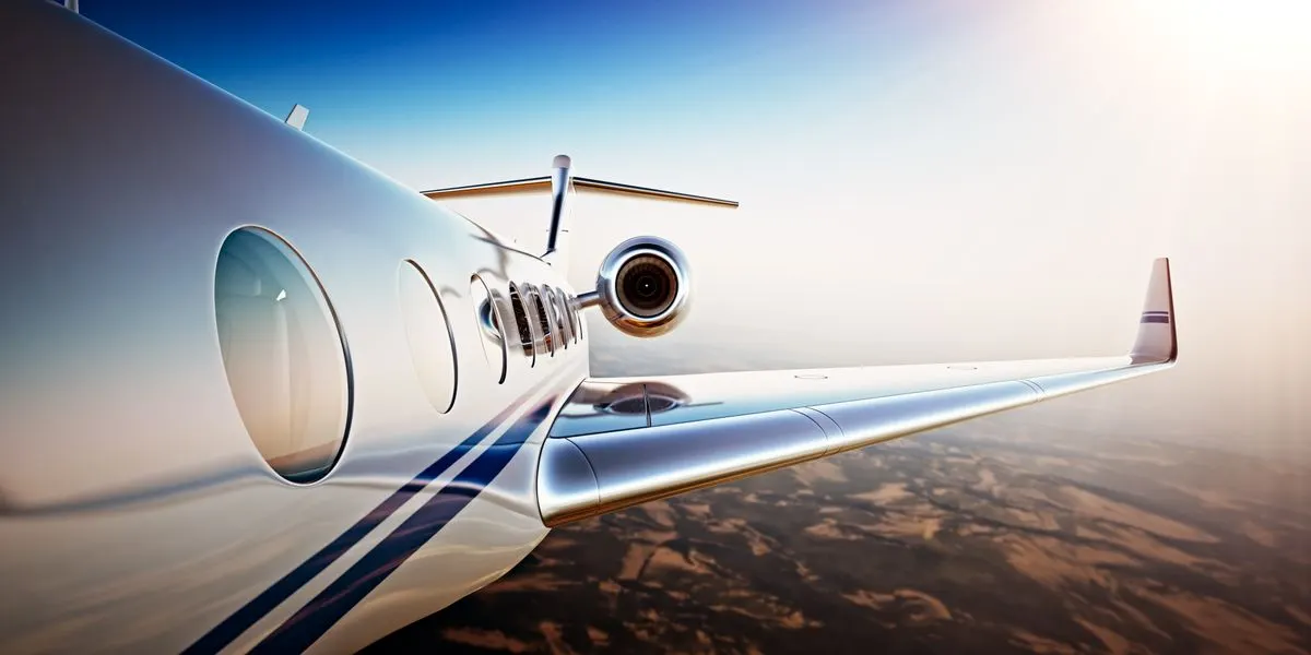 The wing of a private jet in flight above the ground
